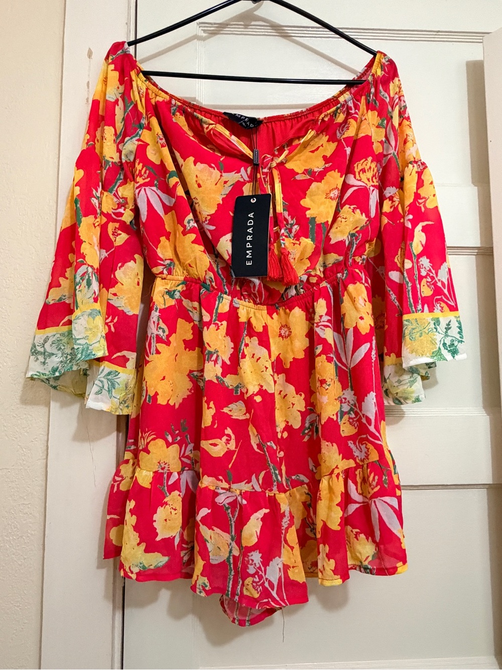 Emprada Pink Floral Bell Sleeve Romper NWT